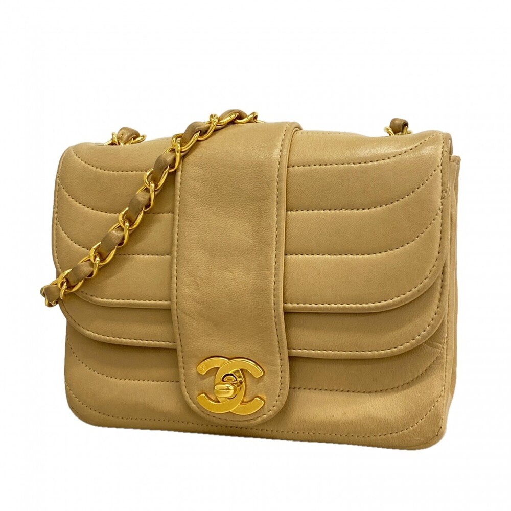 Chanel Shoulder Bag, Chain Strap, Lambskin, Beige, Women's